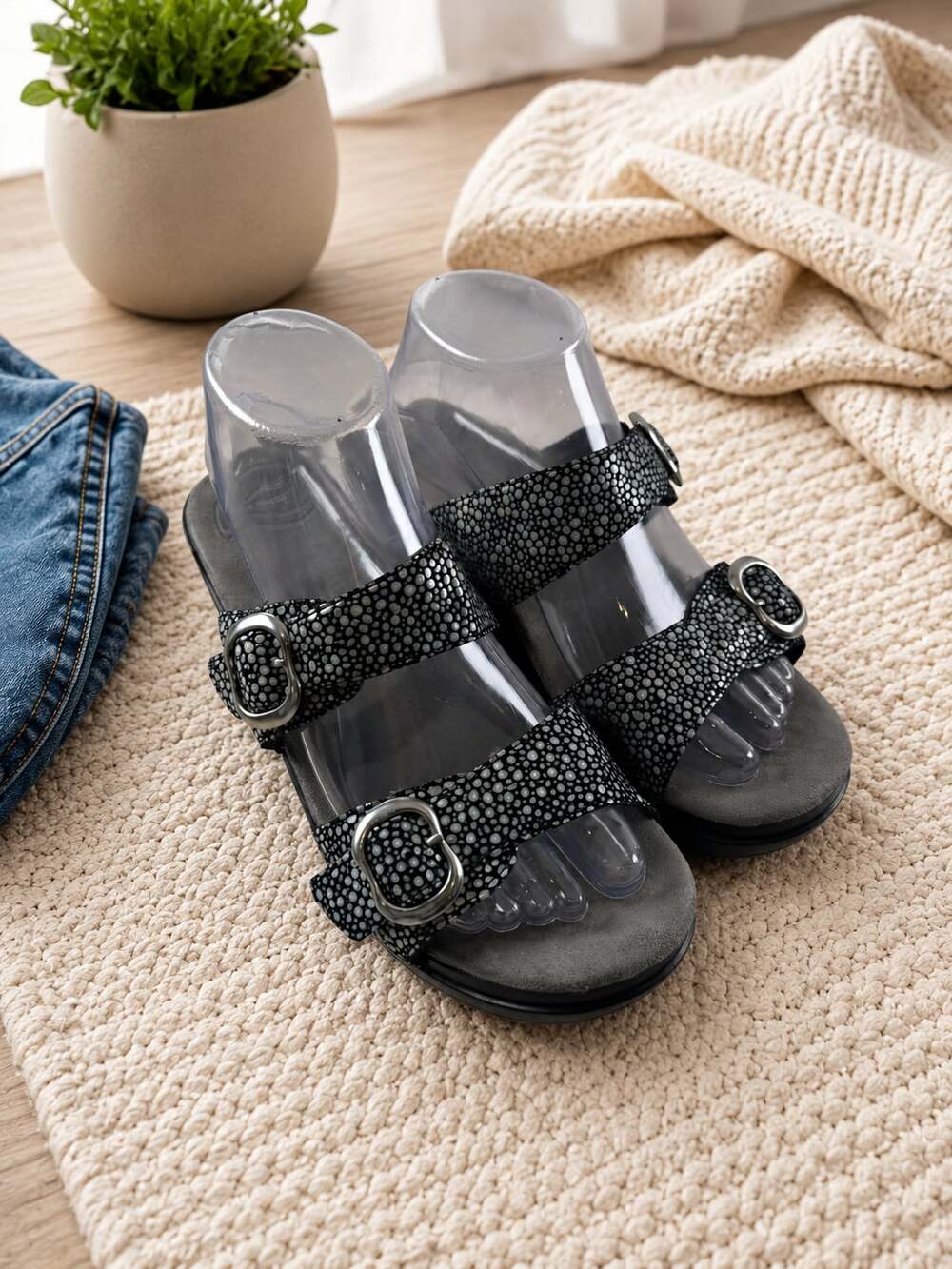 Dansko Leather Two Strap Buckle Wedge Sandals Black White EU 39 Comfort